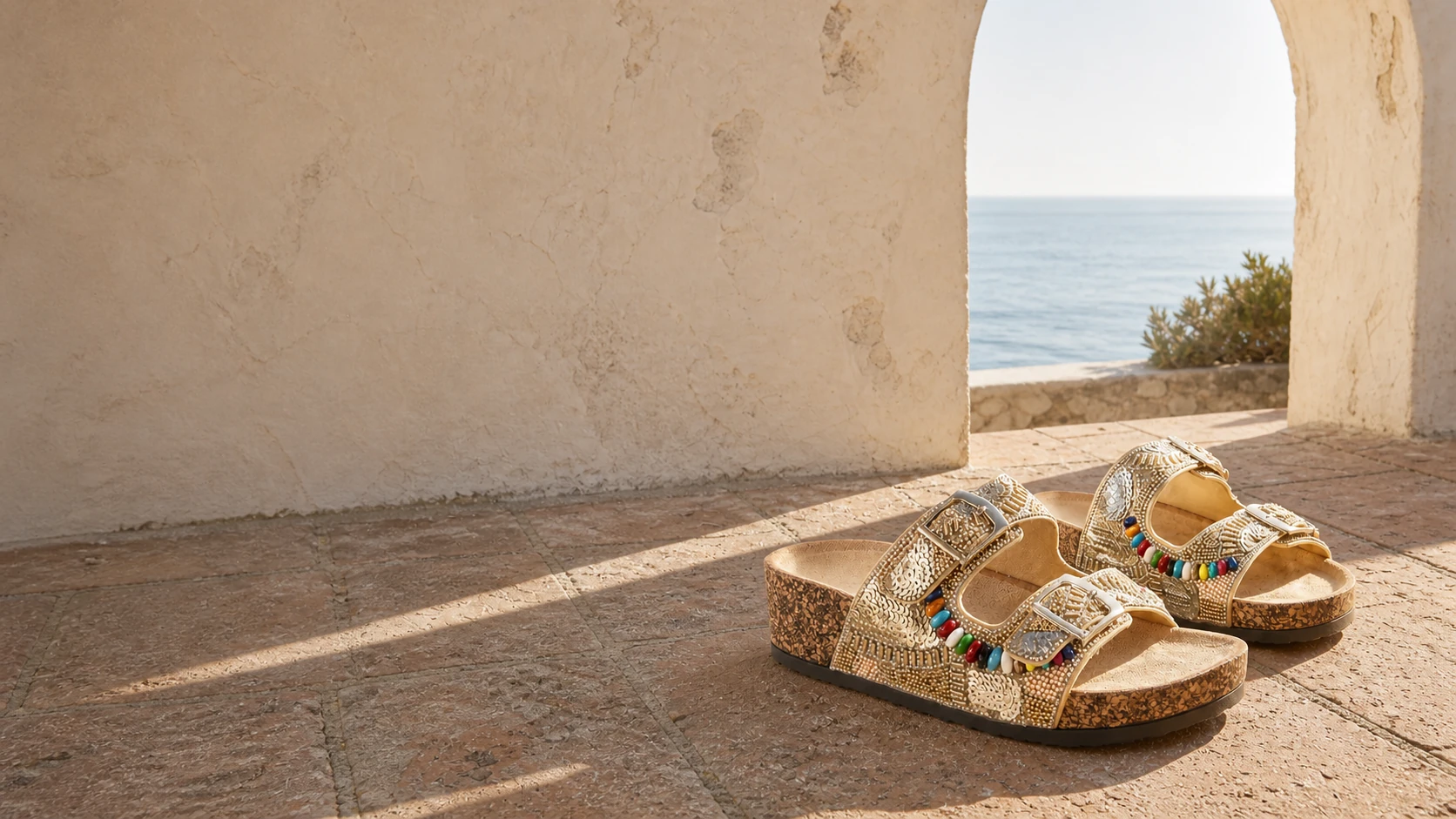 Calmére Mosaic Gold sandals in a sunlit seaside courtyard